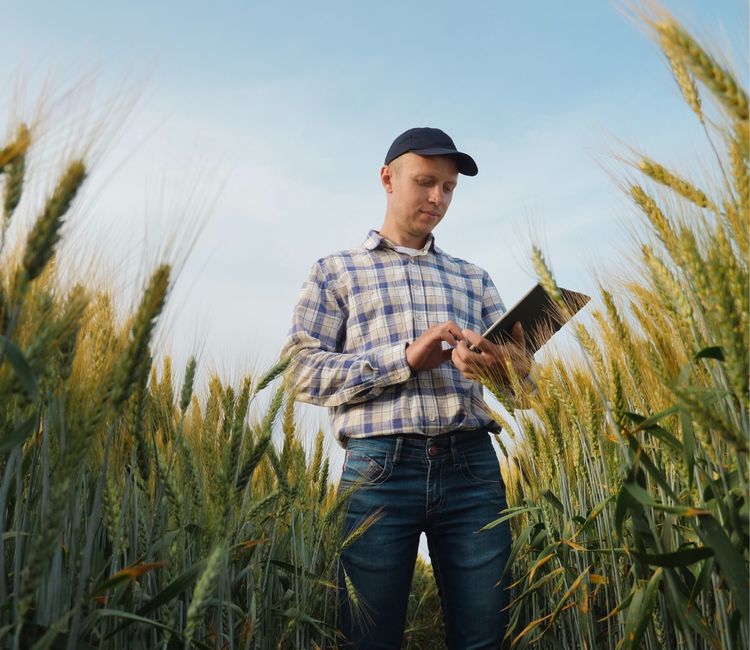 man standing in wheat field with clipboard